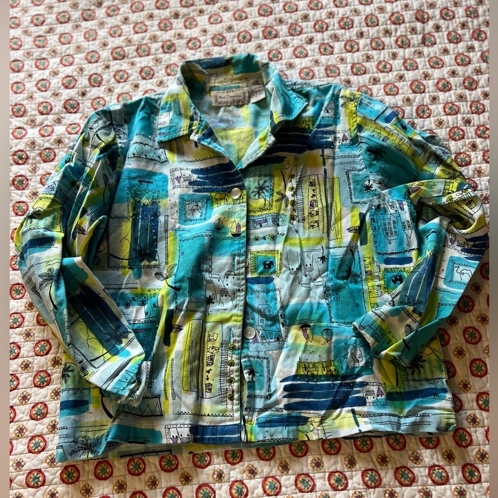 Vintage 90s Greek Mediterranean Beaded Canvas Light Jacket size large